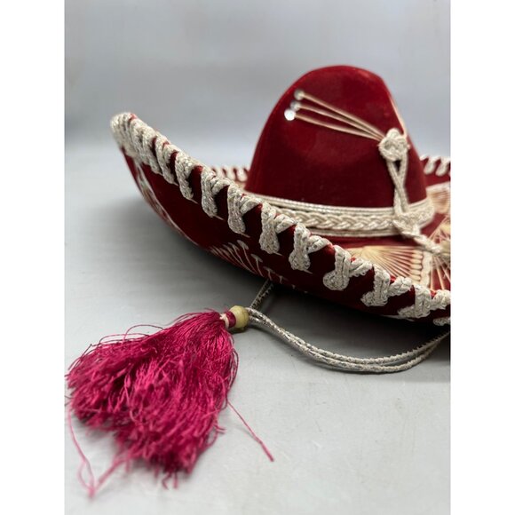 piggalle salazar Red Velvet Sombrero hat Intricate White Embroidery Tassel XL - Picture 12 of 13